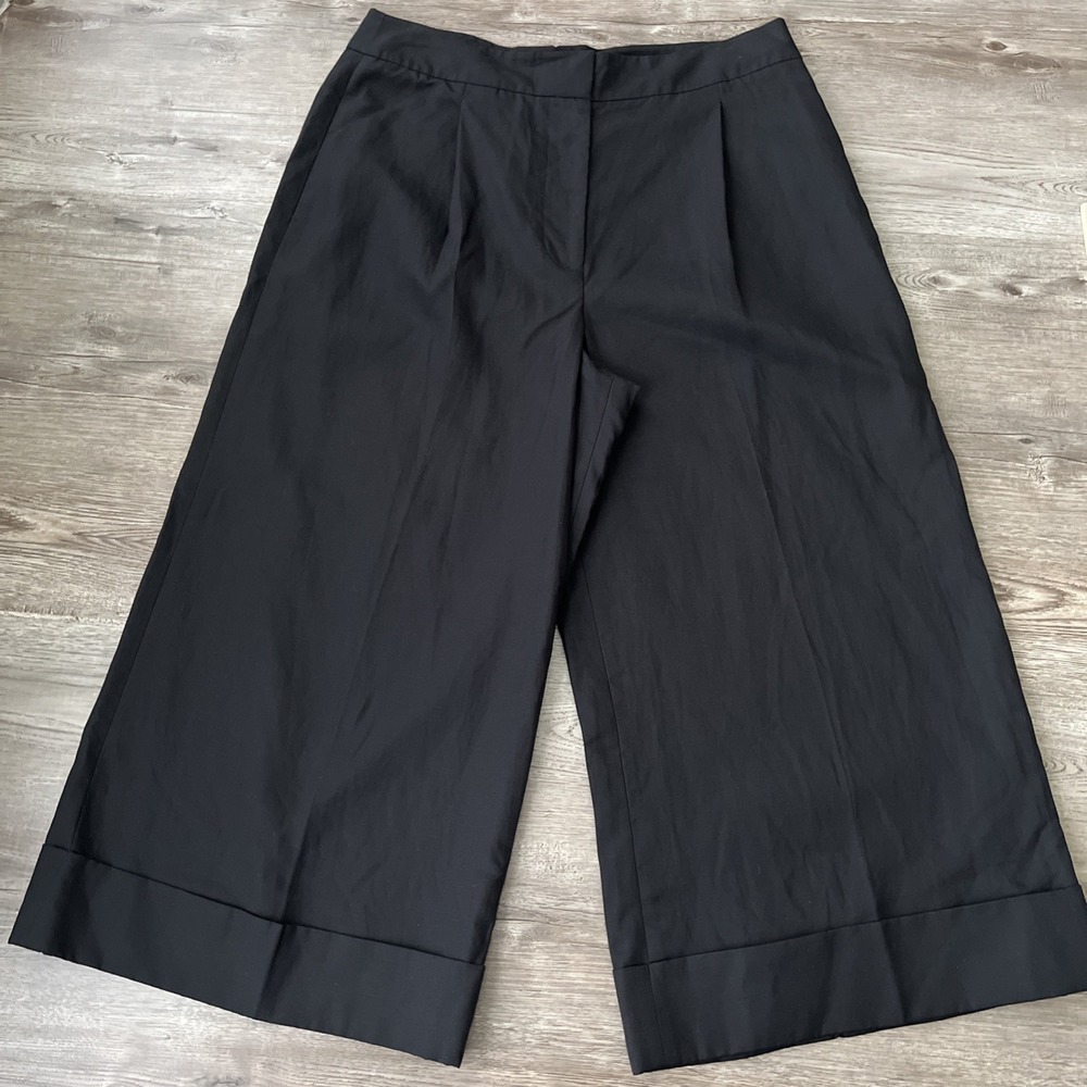 Kate Spade Pleated Wide Leg Trousers Womens 14 Black Linen Blend Cropped Length